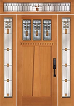 36843 Valencia&trade; II 6171 sidelights, 6787 transom, and 9540 dentil shelf shown in Douglas Fir with angled mutt and black caming