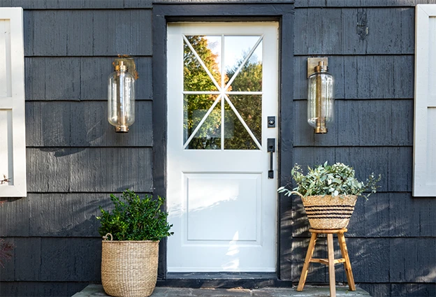 Starburst glass door installed on home exterior