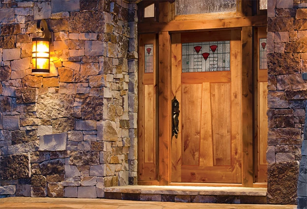 California Poppy glass door in Knotty Alder and UltraBlock technology