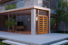 Patio with fir contemporary exterior doors