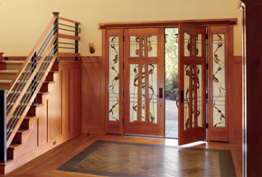 Entryway with custom glass front door, shown in fir