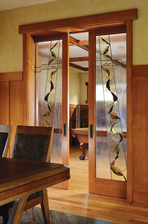 Interior french doors with custom glass, shown in fir
