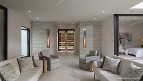Entrance with custom modern walnut doors