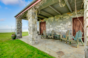 Patio with walnut exterior barn doors