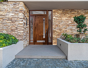 Custom Contemporary Door, sidelights and transom shown in Walnut