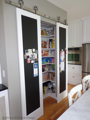 Kitchen with wood chalkboard panel door