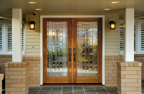 Entryway with Fir double front doors with glass