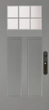 Five wooden doors in varying shades from gray to light tan are aligned. Each has a window with six panes and a dark handle on the left.
