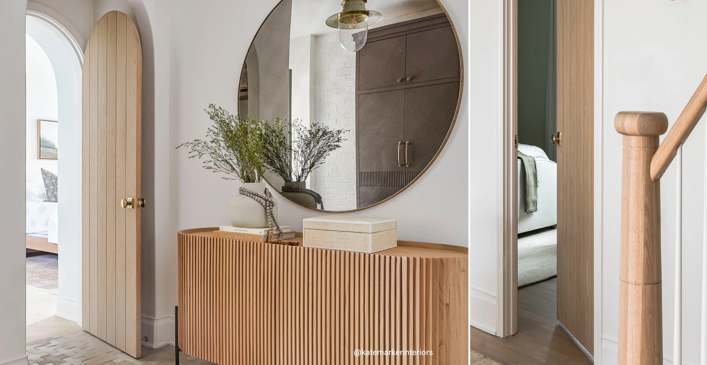 Modern hallway with grooved wood console, round mirror, and arched doorway